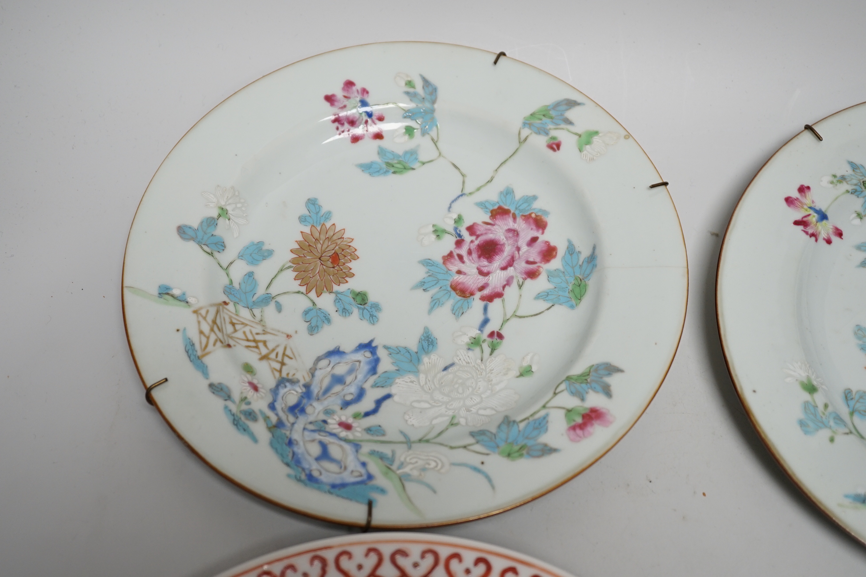Three 18th Chinese export porcelain plates, 23cm and another plate U